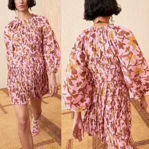 Ulla Johnson Mini Dress Pink Yellow Floral Silk Long Sleeve Formal Pleated 4